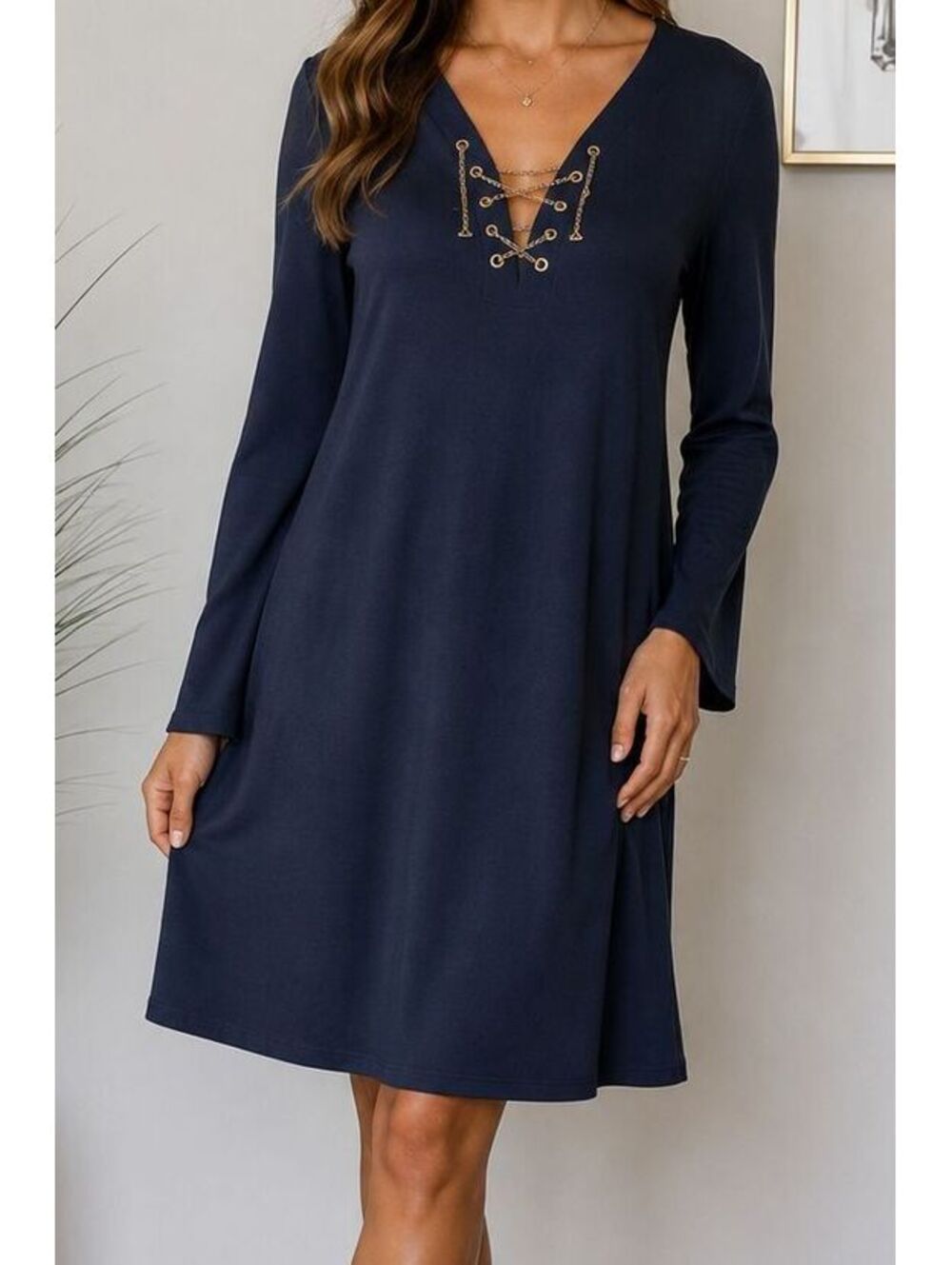 SOHO Apparel Ltd Navy Dress Sz S Long Sleeve Gold Lace Up V Neck Midi